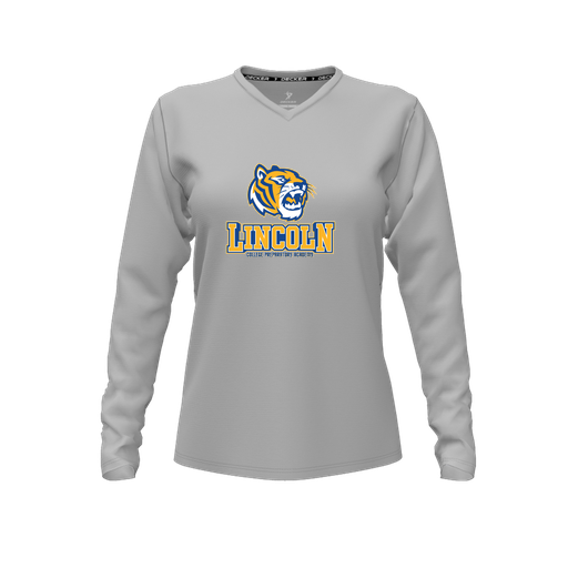 [CUS-DFW-TEES-CMF-VNK-LSL-GRY-FYXS-LOGO1] Decker Comfort T-Shirt (Female Youth XS, Gray, V Neck, Logo 1, Long Sleeve)