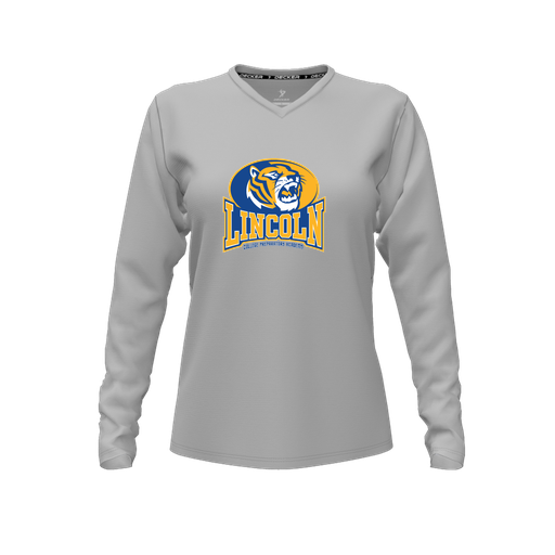 [CUS-DFW-TEES-CMF-VNK-LSL-GRY-FYXS-LOGO3] Decker Comfort T-Shirt (Female Youth XS, Gray, V Neck, Logo 3, Long Sleeve)