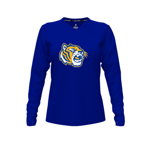 [CUS-DFW-TEES-PER-VNK-LSL-RYL-FYXS-LOGO2] Decker Performance T-Shirt (Female Youth XS, Royal, V Neck, Logo 2, Long Sleeve)
