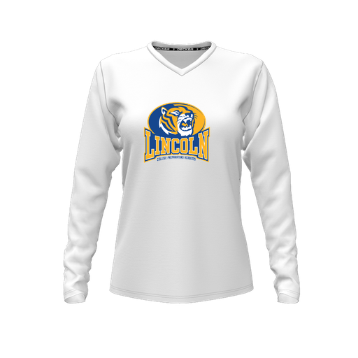 [CUS-DFW-TEES-CMF-VNK-LSL-WHT-FYXS-LOGO3] Decker Comfort T-Shirt (Female Youth XS, White, V Neck, Logo 3, Long Sleeve)