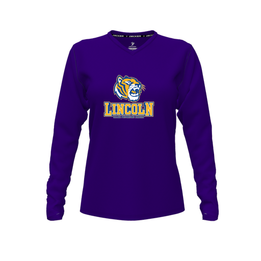 [CUS-DFW-TEES-CMF-VNK-LSL-PUR-FYXS-LOGO1] Decker Comfort T-Shirt (Female Youth XS, Purple, V Neck, Logo 1, Long Sleeve)