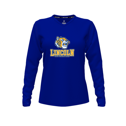 [CUS-DFW-TEES-PER-VNK-LSL-RYL-FYXS-LOGO1] Decker Performance T-Shirt (Female Youth XS, Royal, V Neck, Logo 1, Long Sleeve)