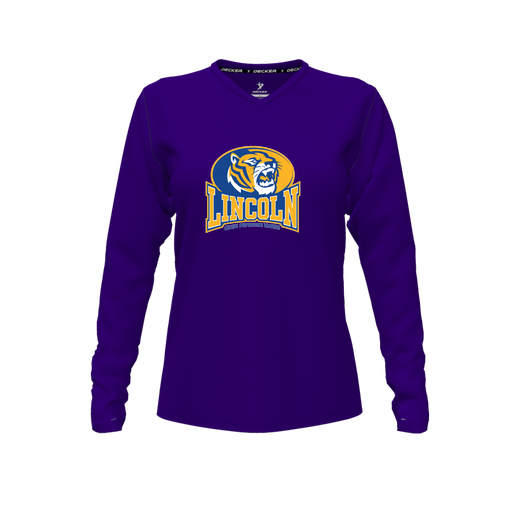 [CUS-DFW-TEES-PER-VNK-LSL-PUR-FYXS-LOGO3] Decker Performance T-Shirt (Female Youth XS, Purple, V Neck, Logo 3, Long Sleeve)